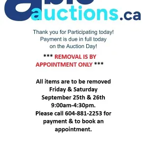 **Removal is by appointment only. Friday & Saturday September 25th & 26th 9am - 4:30pm**