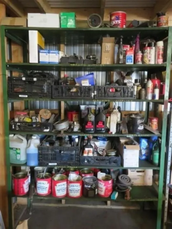6 Shelf Metal Stand w/shop supplies, gear oil