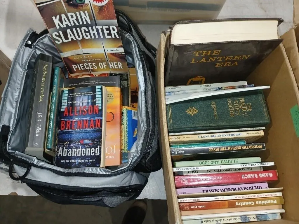 3 Boxes & bag of assorted books