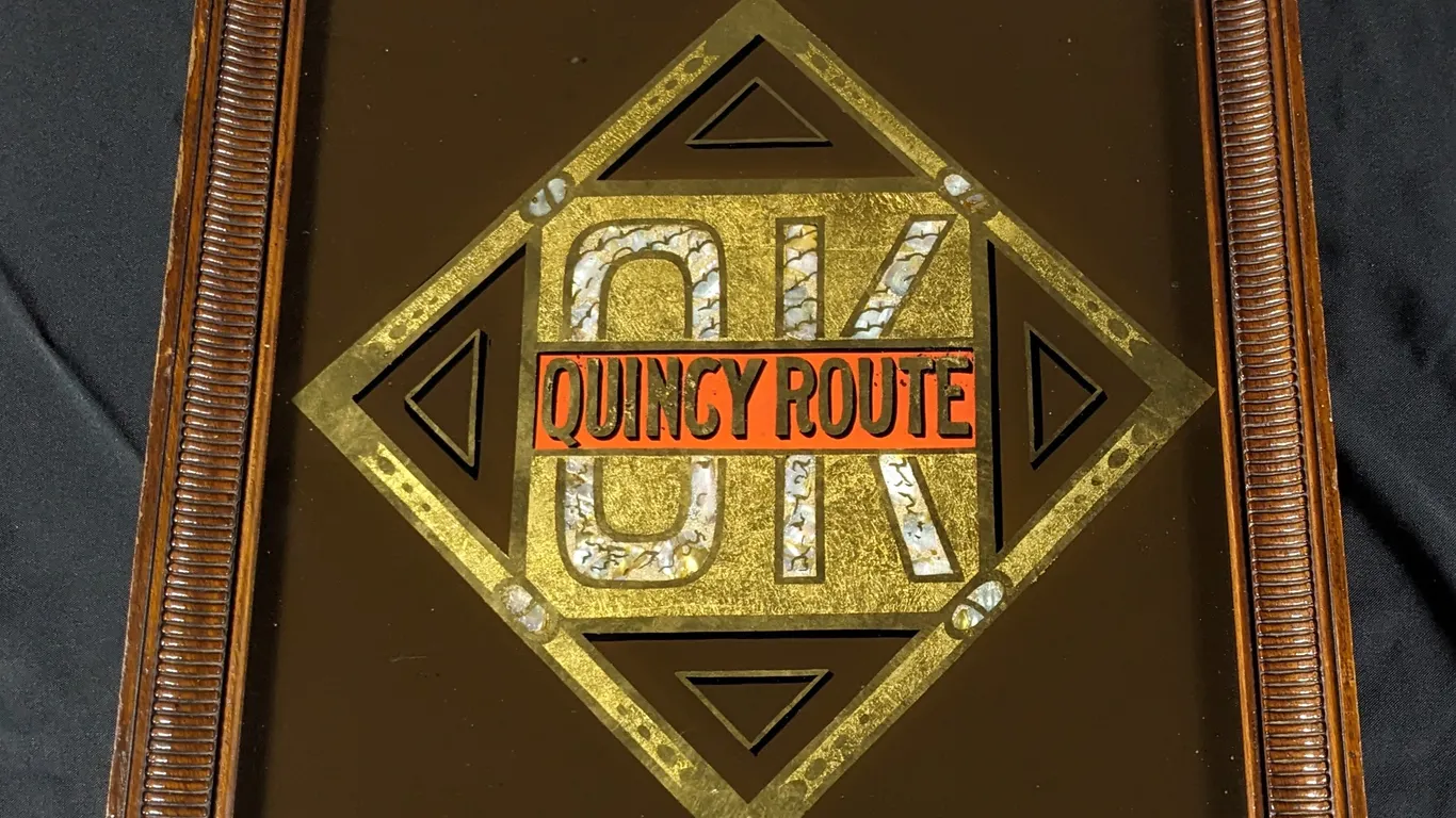 RARE REVERSE PAINT & MOTHER OF PEARL GLASS SIGN OK QUINCY ROUTE RAILROAD TRAIN QO&KC QUINCY, OMAHA AND KANSAS CITY