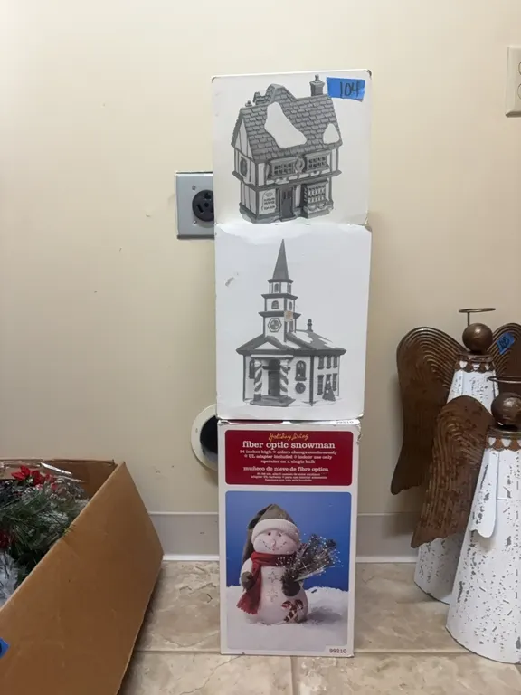 2 VILLAGE HOUSES-FIBER OPTIC SNOWMAN