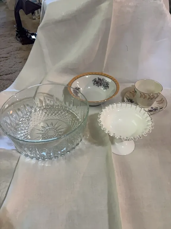RUFFLED WHITE DISH-GLASS BOWL-FLOWERED CUP AND SAUCER-BOWL