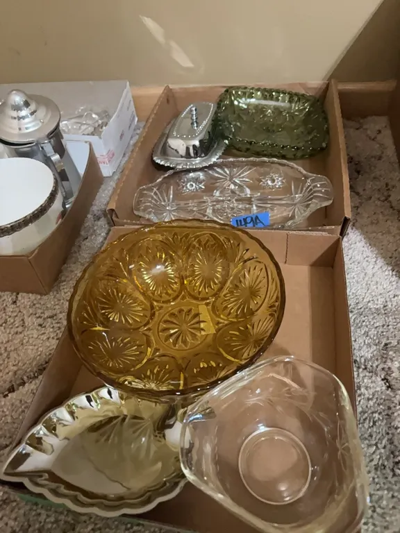 GREEN GLASS DISH-AMBER GLASS DISH-MISC