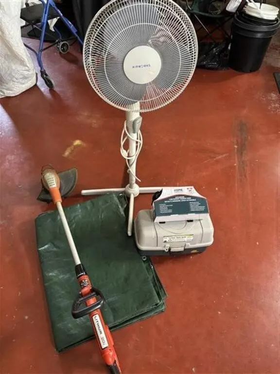 Tarp * 20V Weed Whip * Fan * 50' Garden Hose