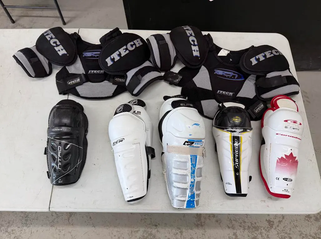 (2) iTech Shoulder Pads (Size Jr. M) and (5) Shin Pads (Assorted Sizes)