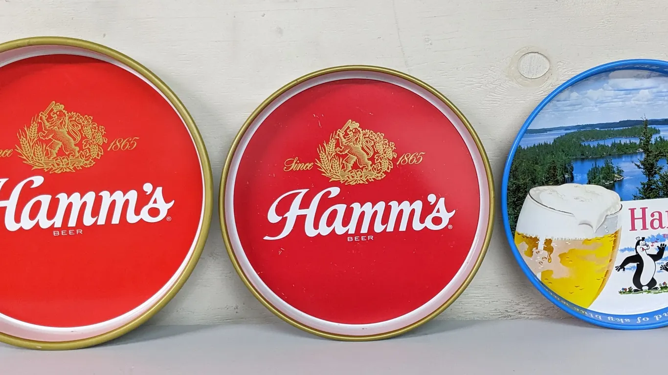 3 HAMMS BEER TRAYS BEARS & RD BACKGROUND