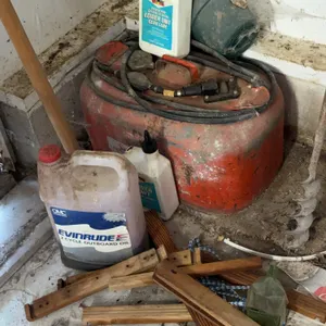 Gas Can, Evinrude 2 Cycle Outboard Oil, Lower Unit Gear Oil, Wood Step Rope Ladder