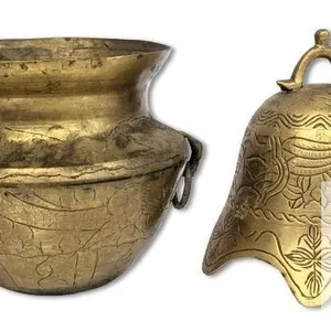 Vintage Etched Brass Mini Cauldron Vase With Handles 4.25" & Clapperless Bell Gong With Dragon & Phoenix Designs