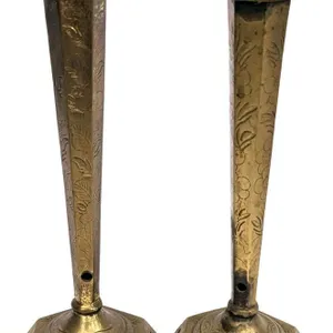 Pair Vintage Etched Brass Candleholders With Holes Drilled For Electric Wiring, 11"
