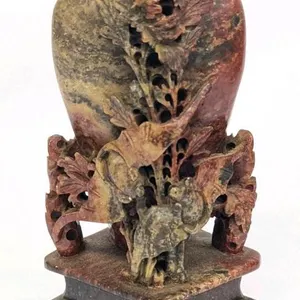 Vintage Chinese Small Soapstone Tabletop Vase With Bats & Flowers, 6" Tall