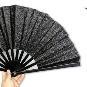New Large Black Gliter Hand Fan With Velvety Drawstring Carry Bag, Hot Goth Summer, 13.25" Long ×24.5" Across When Opened, Plastic Ribs, Thick Sturdy 