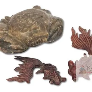 Vintage Carved Soapstone Crab 4.5" Across & 2 Small Carved Wood Fancy Goldfish 3" - 4" , Larger Fish Missing Eyeballs