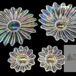 Vintage Unsigned Federal Glass Atomic Celestial Daisy Iridescent Carnival Glass Low Fruit Bowl & Matching Plate + 2× Small Serving Dishes, Up To 1