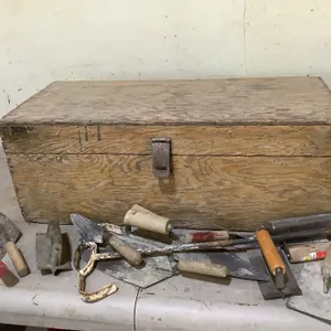 Homemade plywood toolbox, 30" x 13 1/2" x 11" high, trowels, mixer, edger, etc.