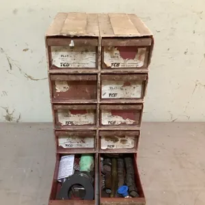 Parts bin with contents, 7" x 7" x 12 1/2" high