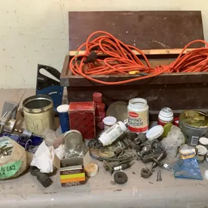 Extension cord, approx 75', bolts, nuts, nails, wooden toolbox, 25" x 10" x 8 1/2" high