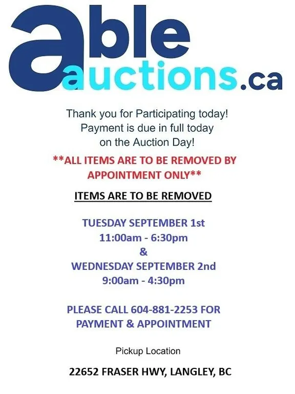 Removal is by appointment only. Tues Sept 1st 11am-6:30pm & Wed Sept 2nd 9am-4:30pm
