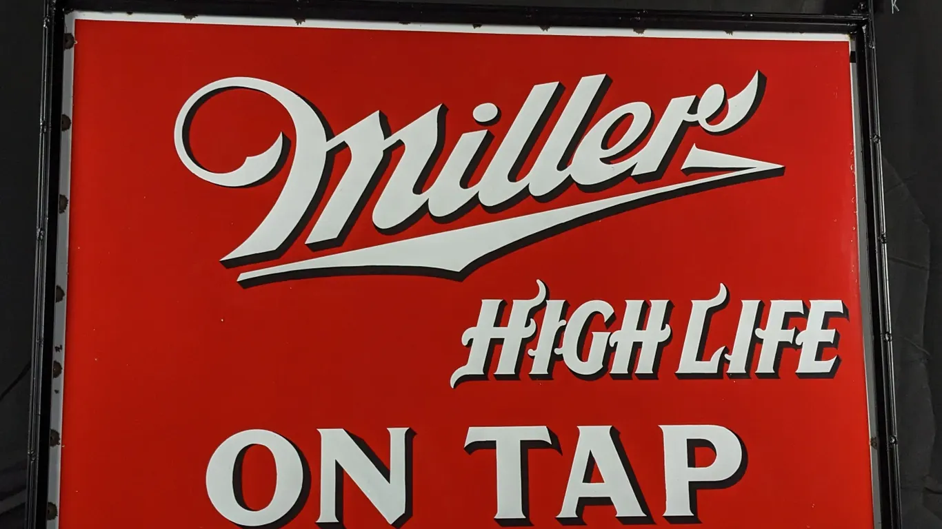 PORCELAIN SIGN MILLER HIGH LIFE BEER ON TAP MILWAUKEE WISCONSIN (2 SIDED)