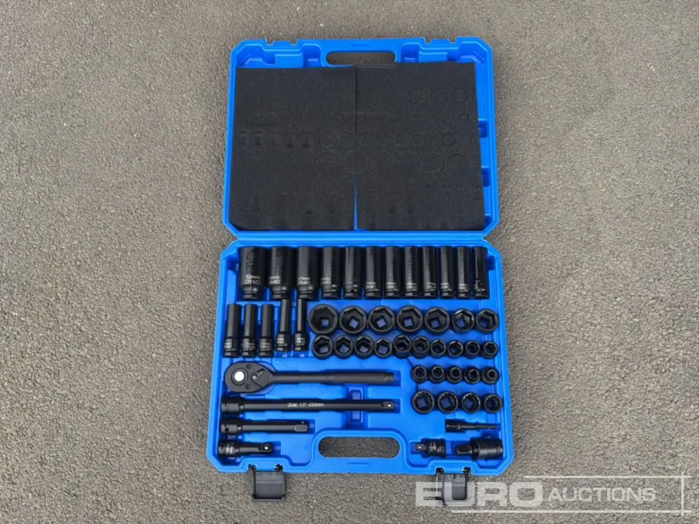 Unused 2026 Boss 1/2" 50pc Pneumatic Socket Set, 3" 5" and 10" Connecting Rod, 1/2 " Universal Joint, 1/2" 3/4" Adaptor, 72mm Coupling Bar, 1/2" Ratch