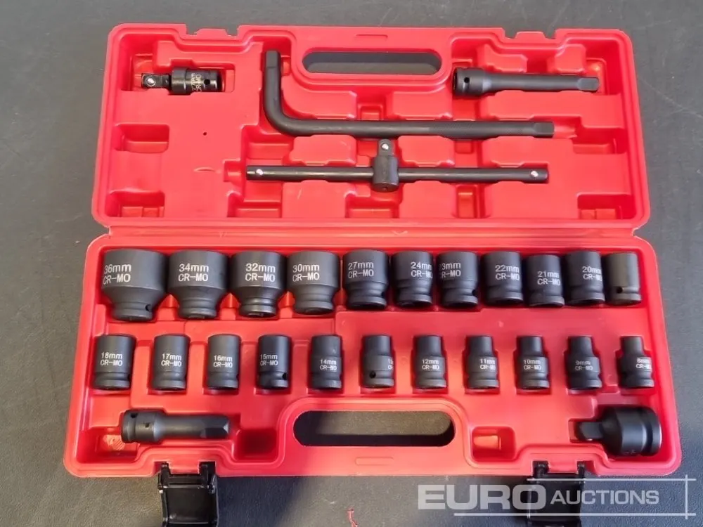 Unused 2026 Boss 1/2" 28pc Pneumatic Short Sleeve Socket Set, 3" Connecting Rod, 5" Connecting Rod Universal Joint, 10" Sliding Rod, 10" Bending Rod A