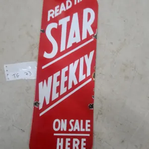"Read the Star Weekly on Sale Here" Red Porcelain Enamel Advertising Sign 7.6”×24” vintage