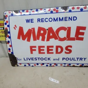 "Miracle Feeds" Livestock and Poultry Vintage Enamel Advertising Sign 24”×36”