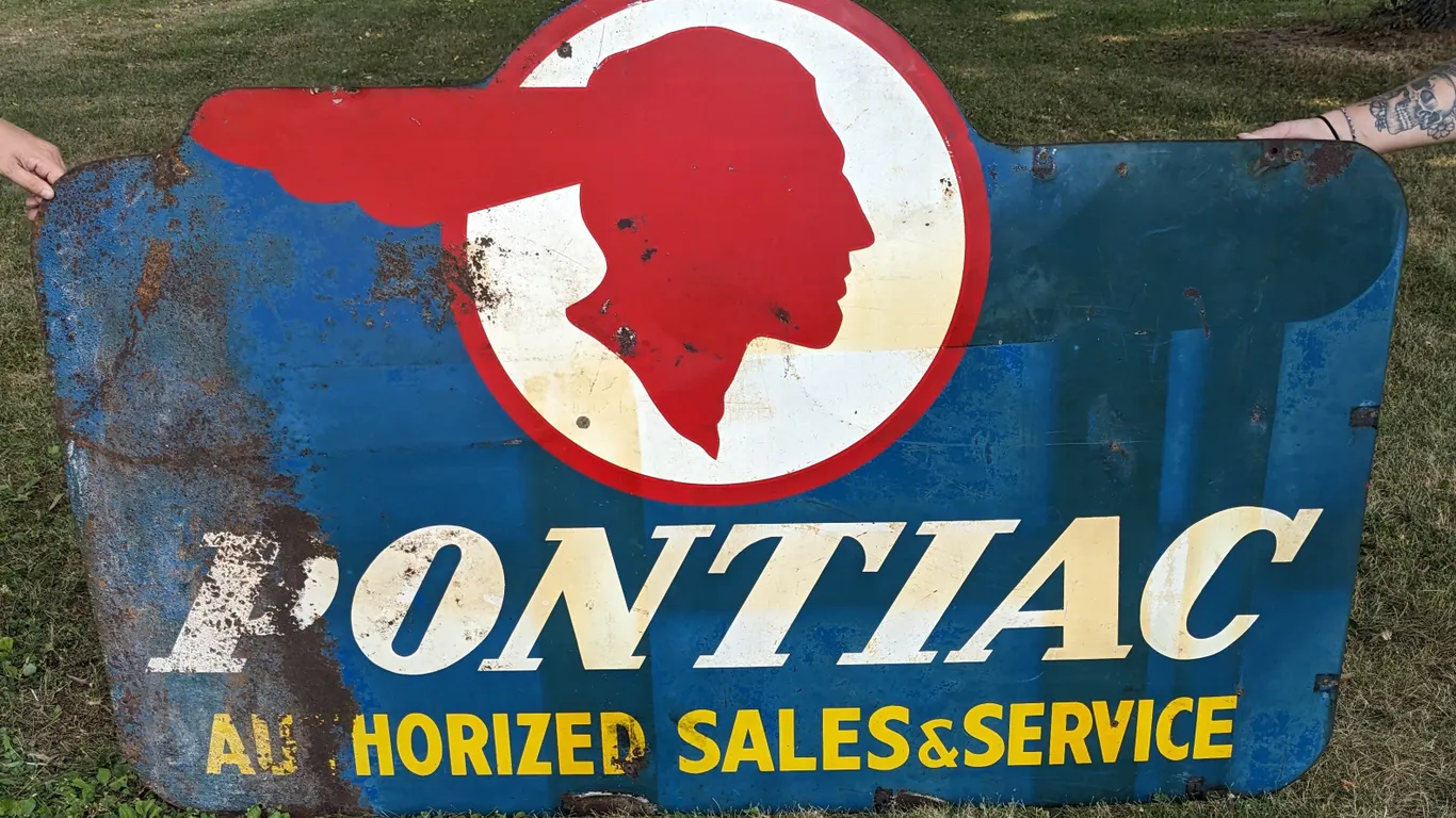 LARGE TIN CAR DEALERSHIP SIGN PONTIAC AUTHORIZED SALES & SERVICE (2 SIDED)