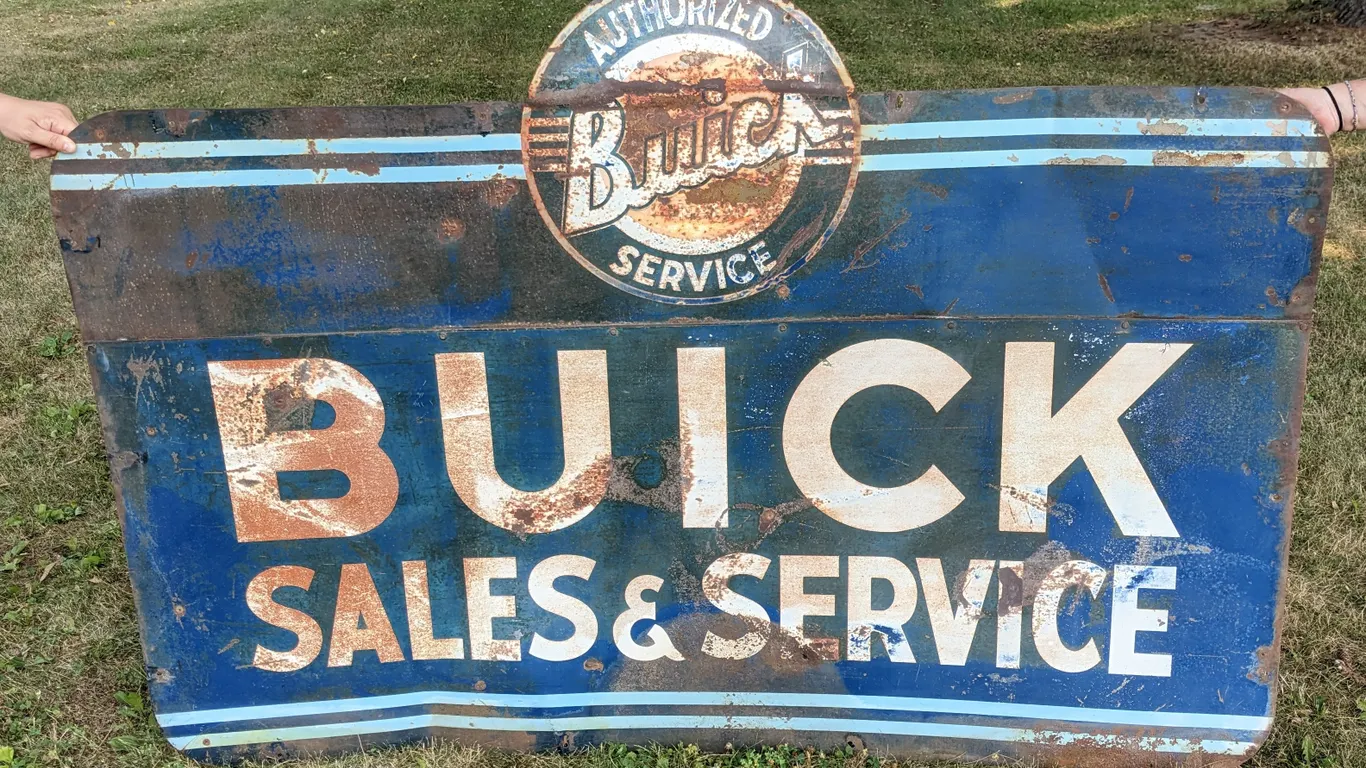 LARGE TIN CAR DEALERSHIP SIGN AUTHORIZED BUICK SALES & SERVICE (2 SIDED)