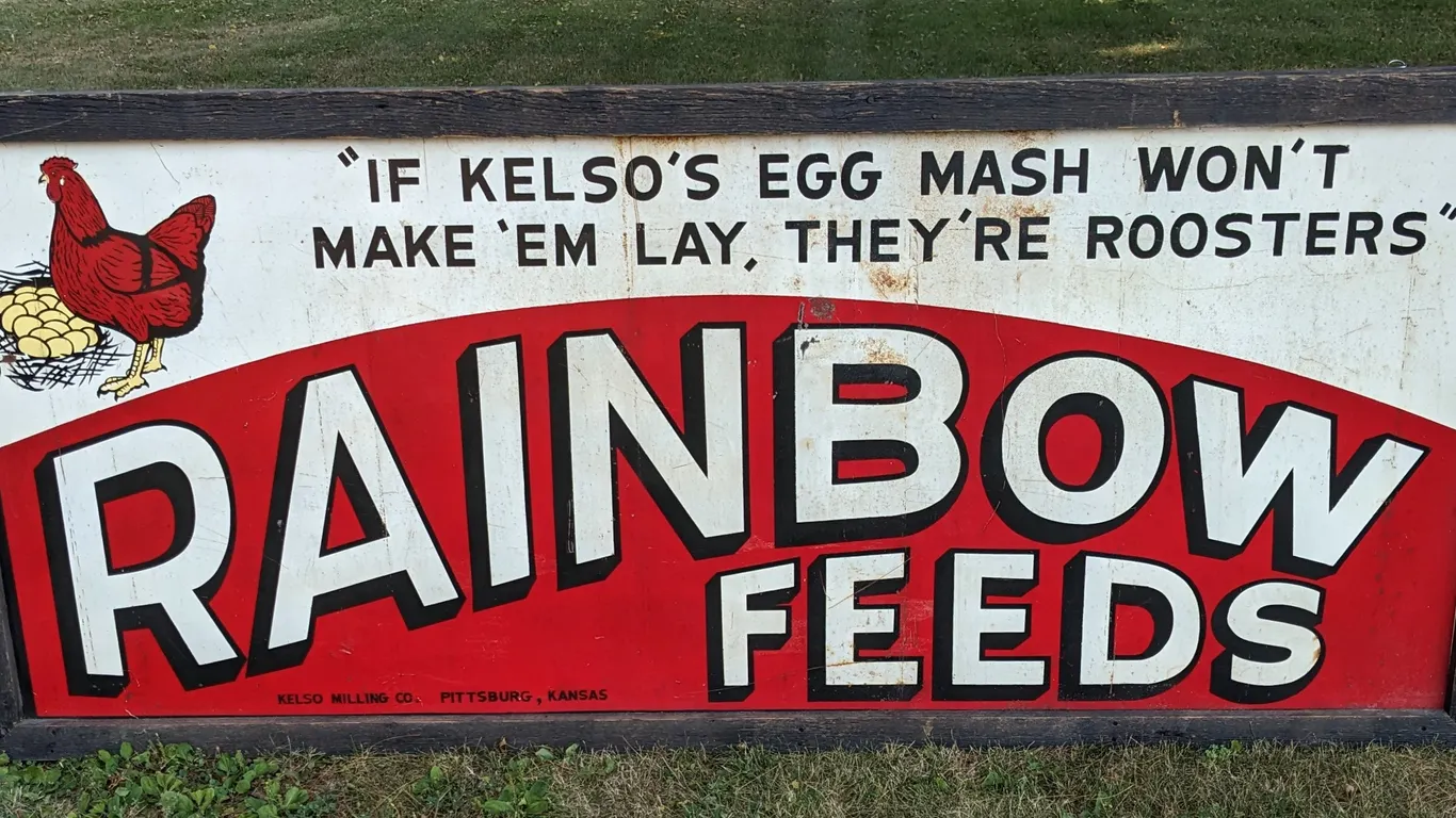 LARGE TIN SIGN RAINBOW FEEDS KELSO MILLING CO PITTSBURG KANSAS