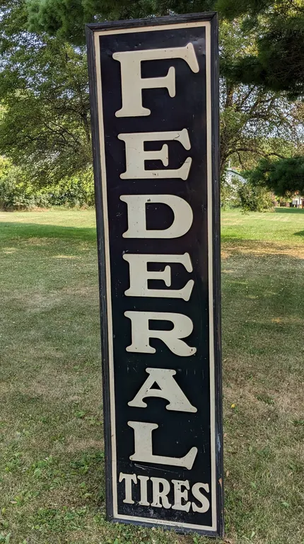 LARGE EMBOSSED TIN SIGN FEDERAL TIRES (ORIGINAL WOOD FRAME)