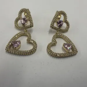 New 14K Gold Plated 1.0 Tcw Heart Dangle Earrings
