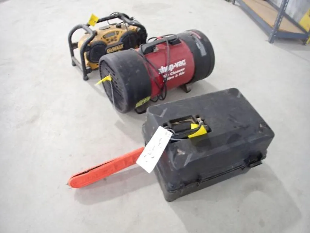 Chainsaw, Shop-Vac Air Cleaner, and Dewalt Radio