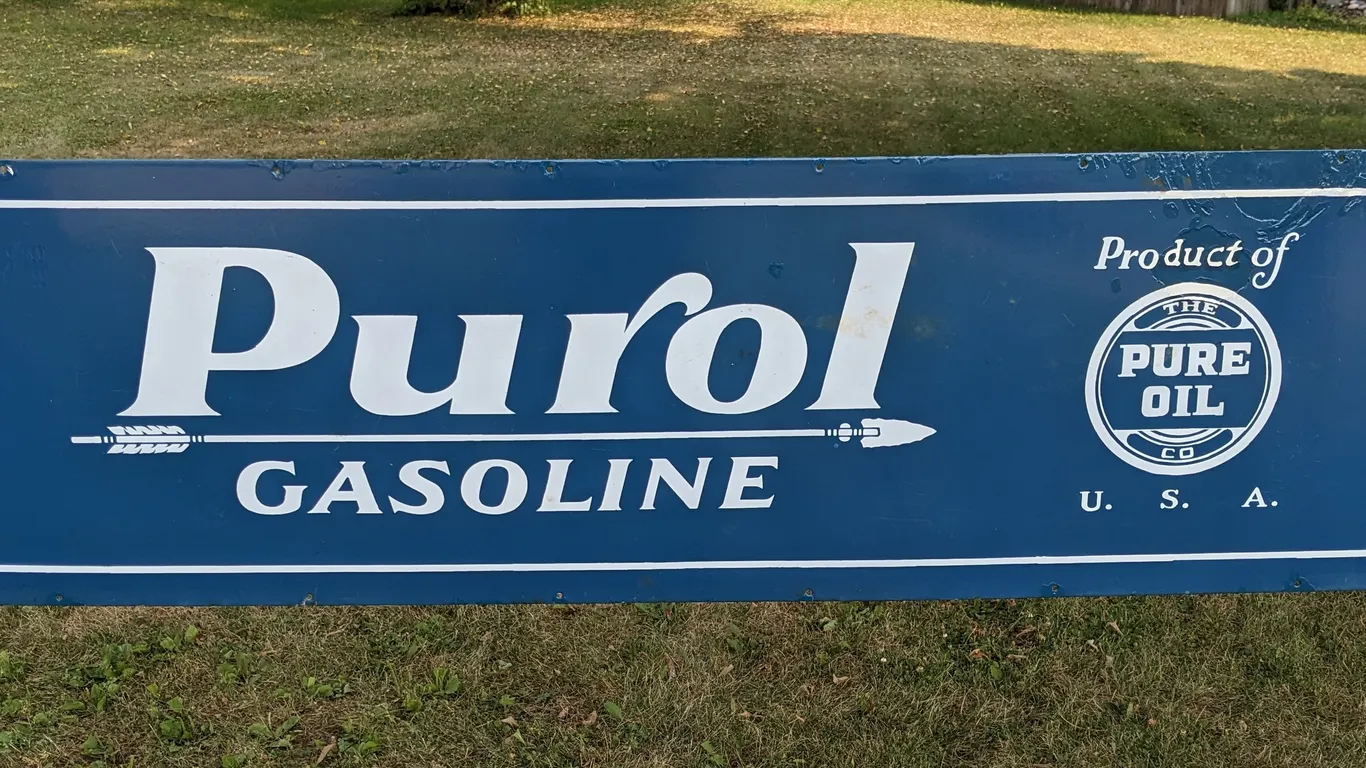 PORCELAIN SIGN PUROL GASOLINE PRODUCT OF THE PURE OIL COMPANY