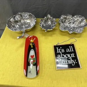 Serving dishes, tray, and sign