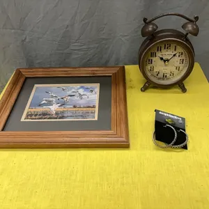 Framed duck photo, earrings, and clock