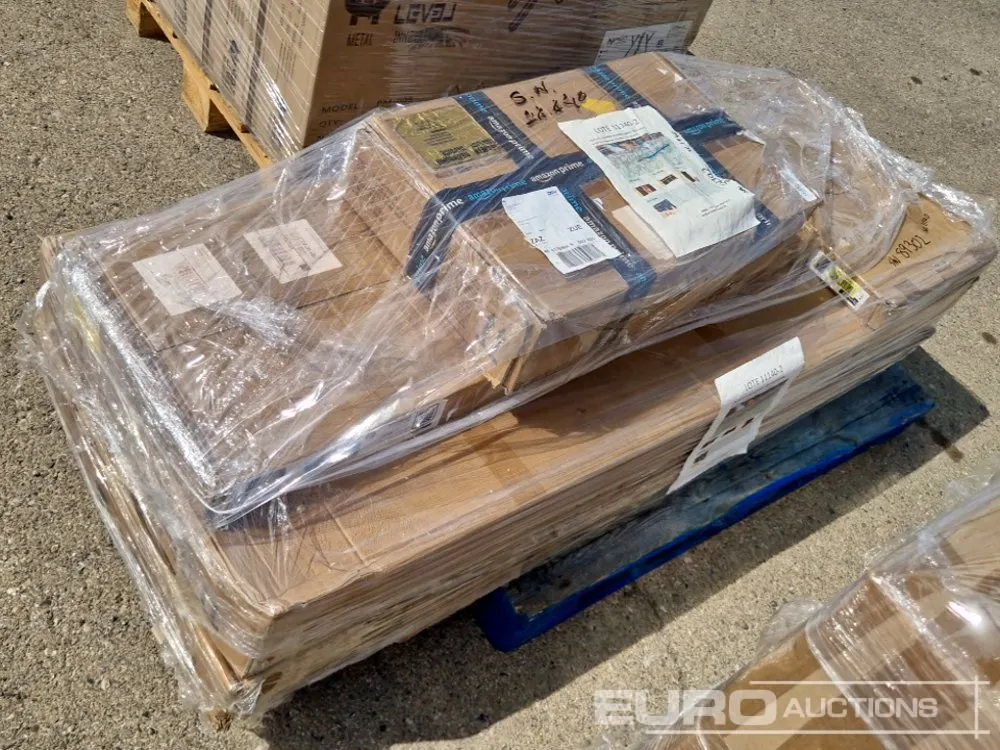 Unused Pallet of 2 Workbenches + Cabinet + Metal Pegboard