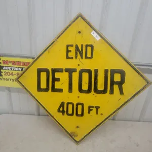 Vintage “End Detour 400 Ft.” Diamond-Shaped Metal Road Sign, 24” × 24”