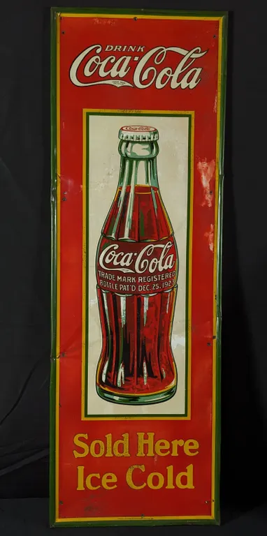 EMBOSSED TIN SIGN DRINK COCA COLA SOLD HERE ICE COLD BOTTLE HAS DEC. 25, 1923 PATENT DATE