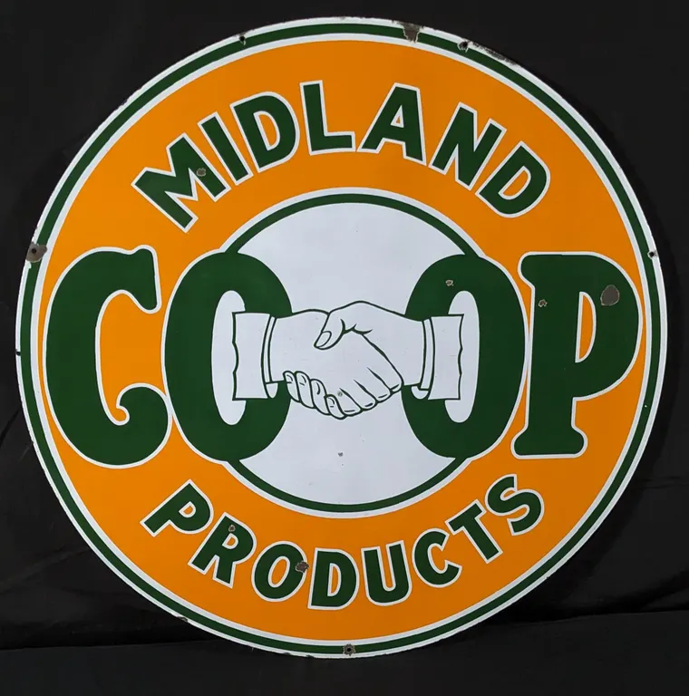 PORCELAN SIGN MIDLAND PRODUCTS CO-OP COOP COOPERATIVE "SHAKING HANDS" (2 SIDED)