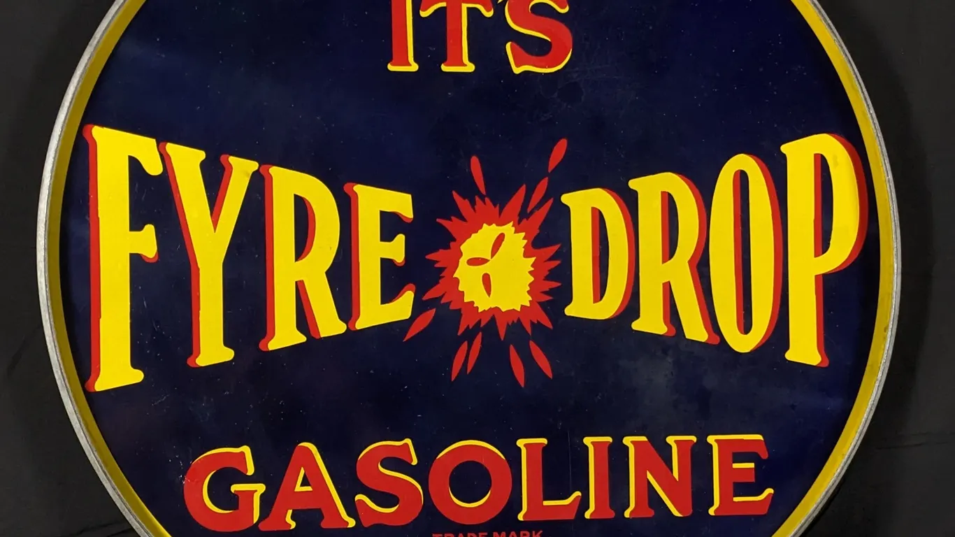 PORCELAIN SIGN IT'S FYRE DROP GASOLINE (2 SIDED) (IRON FRAME)