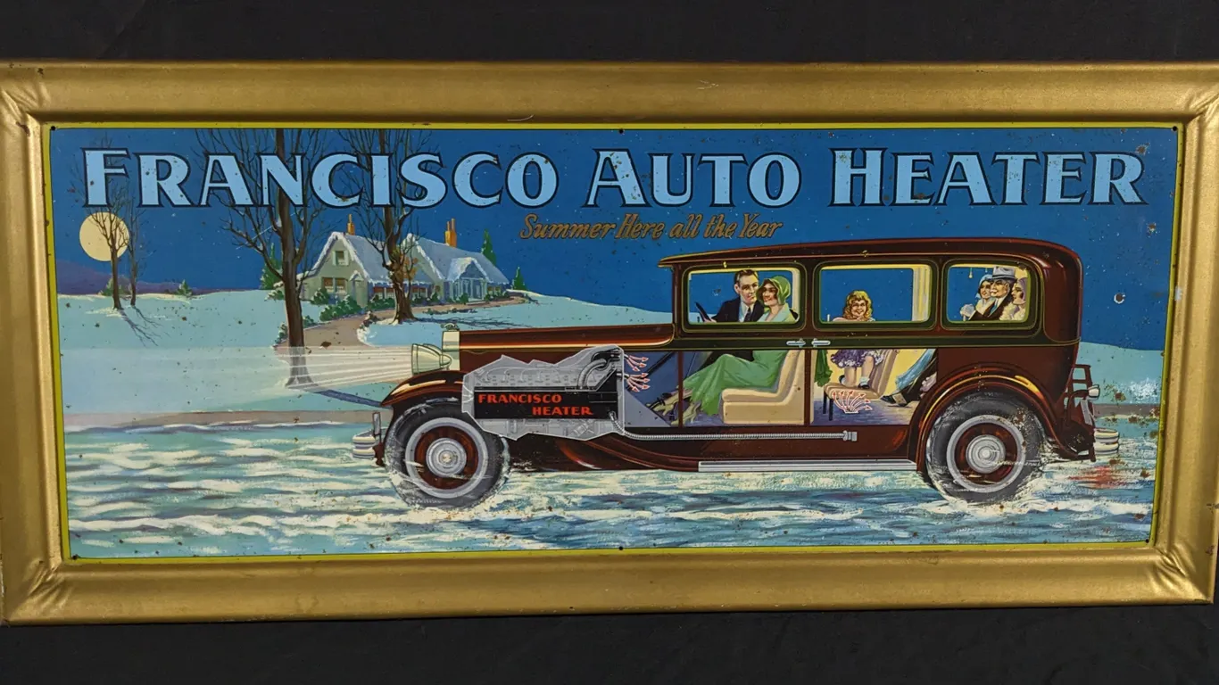 SELF FRAMED TIN LITHO SIGN FRANCISCO AUTO HEATER
