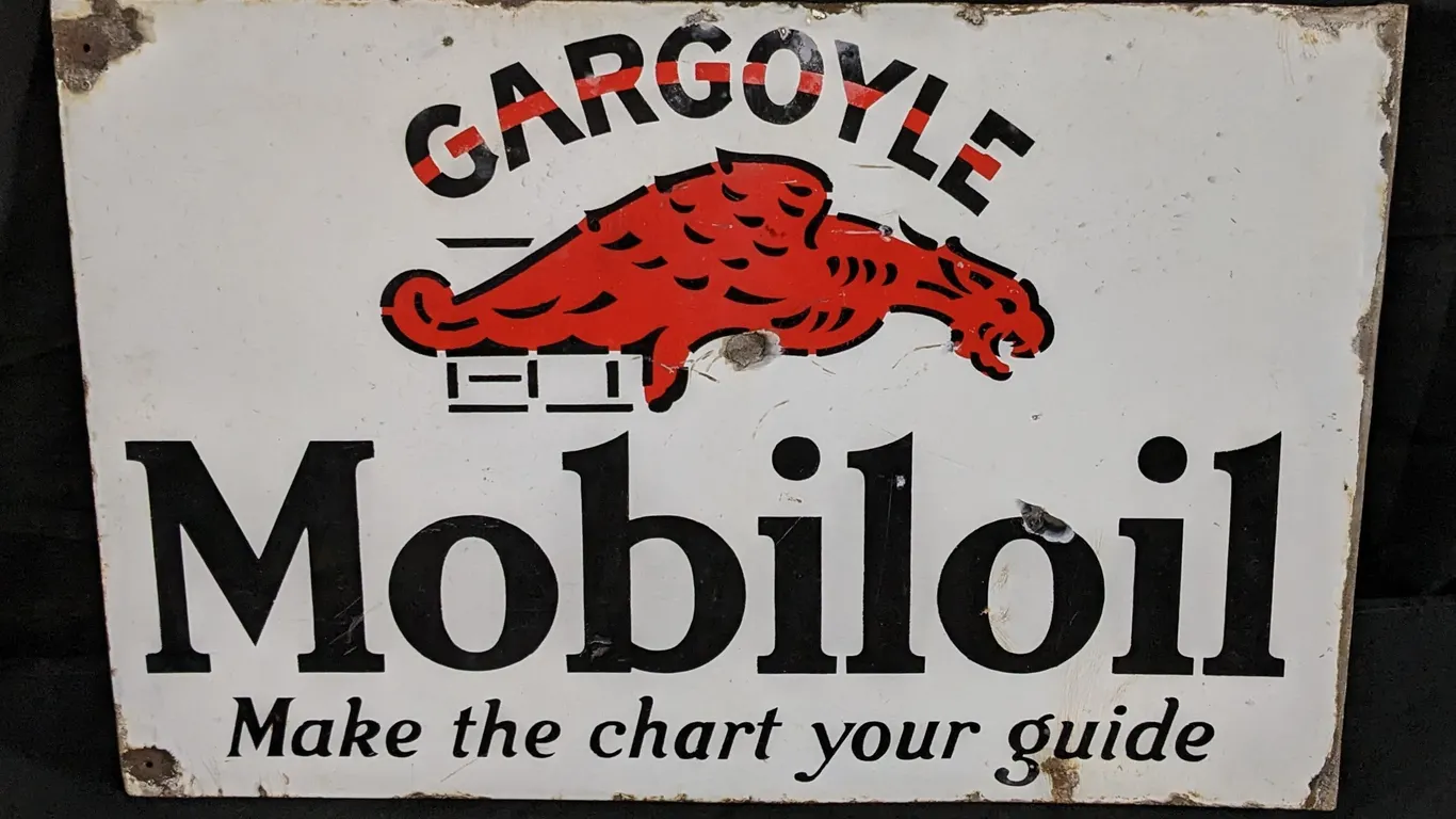 PORCELAIN FLANGE SIGN MOBIL MOBILOIL GARGOYLE MAKE THE CHART YOUR GUIDE