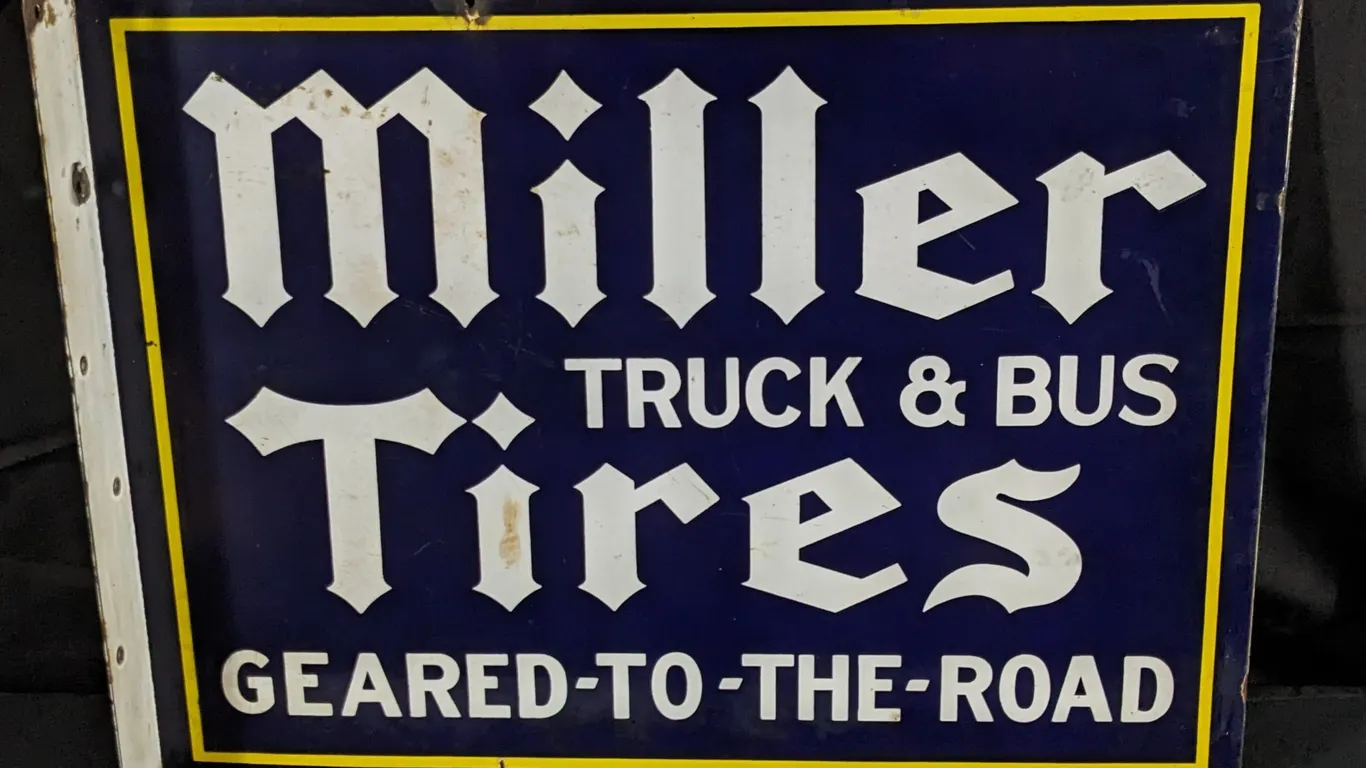 PORCELAIN FLANGE SIGN MILLER TRUCK & BUS TIRES GEARED TO THE ROAD