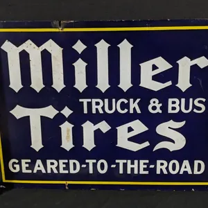 PORCELAIN FLANGE SIGN MILLER TRUCK & BUS TIRES GEARED TO THE ROAD