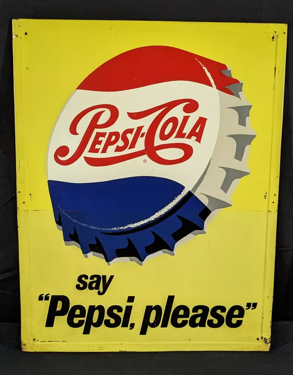 EMBOSSED TIN SIGN BOTTLE CAP LOGO PEPSI COLA SAY PEPSI PLEASE