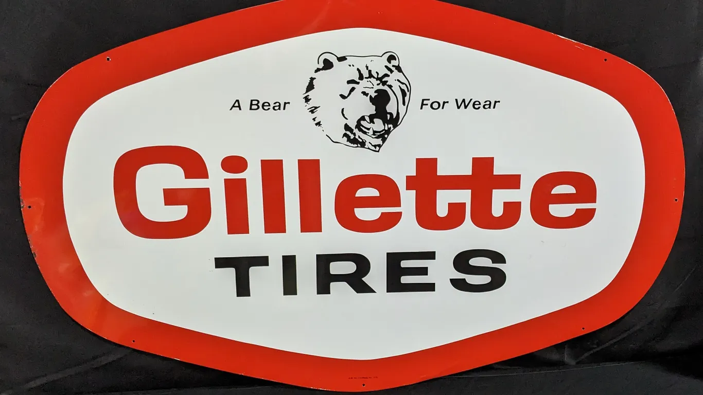 TIN SIGN A BEAR FOR WEAR GILLETTE TIRES