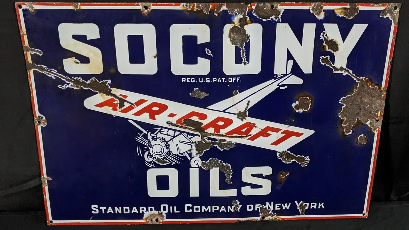 PORCELAIN SIGN SOCONY AIRCRAFT OILS STANDARD OIL COMPANY OF NEW YORK