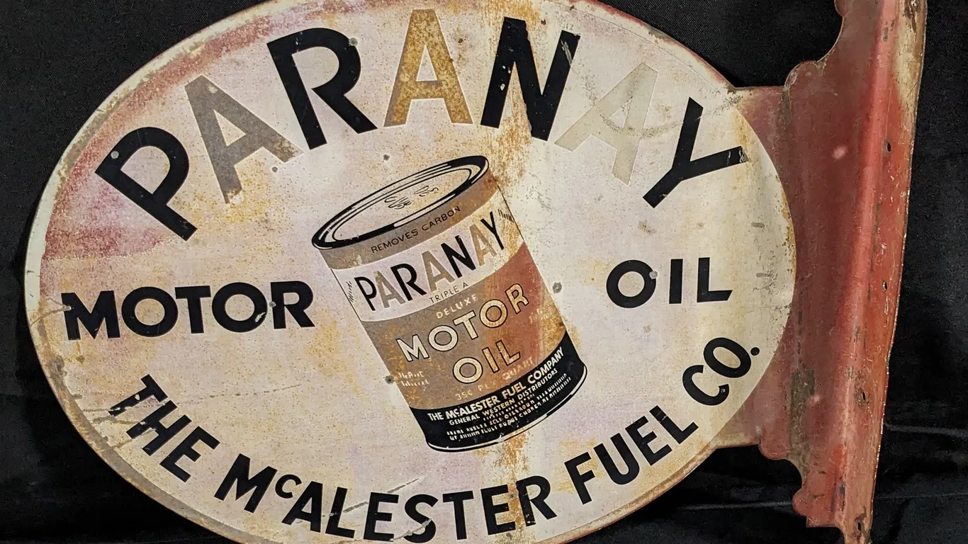 TIN FLANGE SIGN PARANAY MOTOR OIL MC ALESTER FUEL CO