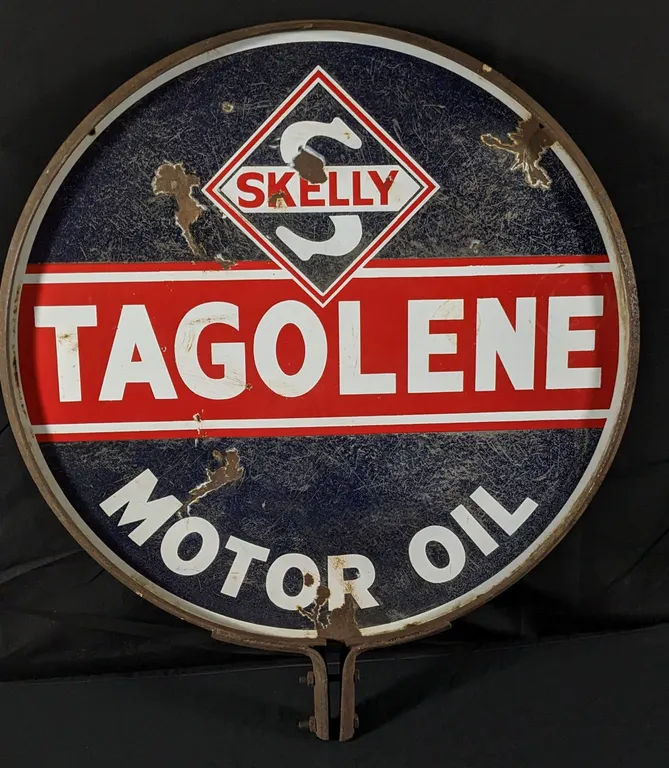 PORCELAIN SIGN SKELLY TAGOLENE MOTOR OIL (2 SIDED) ORIGINAL IRON FRAME