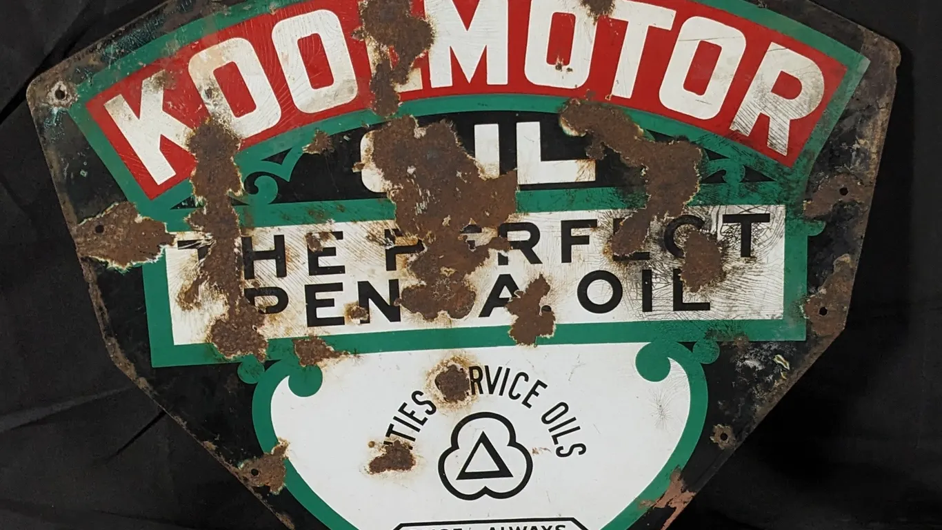 PORCELAIN SIGN KOOLMOTOR OIL THE PERFECT PENNA OIL CITIES SERVICE OILS ONCE-ALWAYS (2 SIDED)
